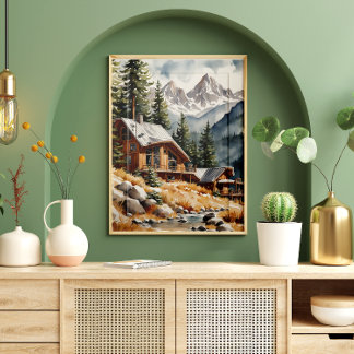 Watercolor mountains with a wooden house poster