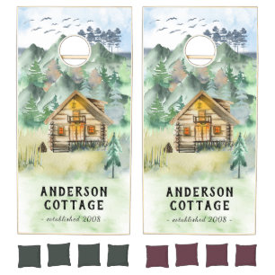 Watercolor Mountains Woodland Cabin / Cottage Cornhole Set