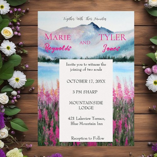 Watercolor Mountainside Pink Wedding Invitation