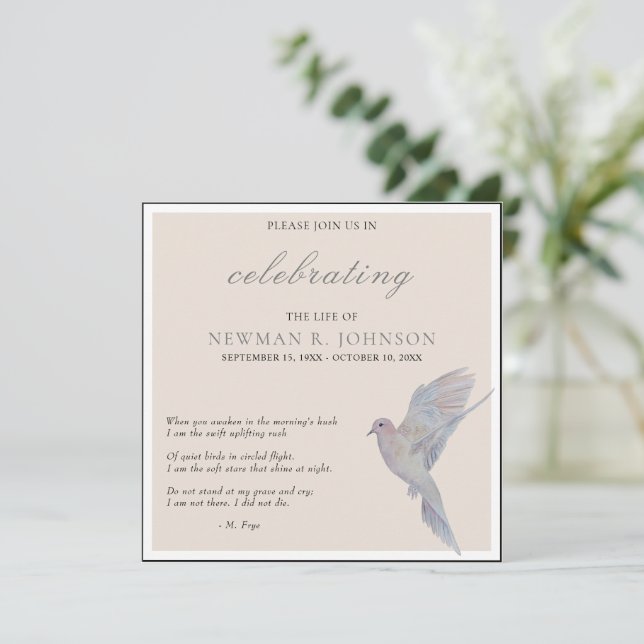 Watercolor Mourning Dove Celebration of Life Invitation (Standing Front)