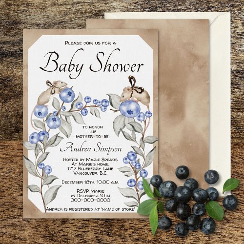 Watercolor mouse and blueberry baby shower  invitation