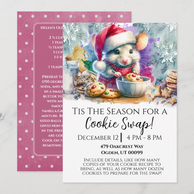 Watercolor Mouse Cookie Swap Invitation (Front/Back)
