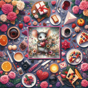 Watercolor Mouse Flower Bouquet Heart Valentine Holiday Card