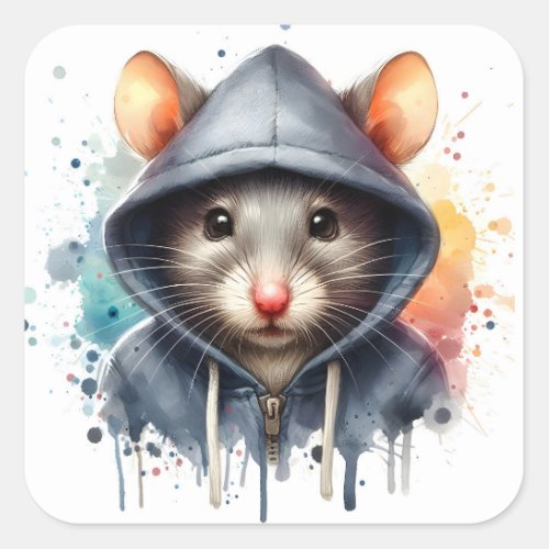 Watercolor Mouse in Blue Gray Hoodie Splash Art  Square Sticker