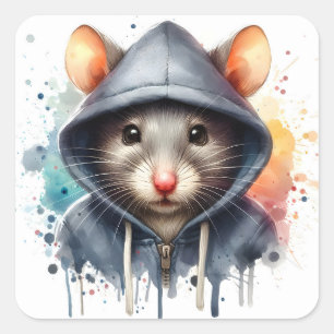 Watercolor Mouse in Blue Gray Hoodie Splash Art Square Sticker