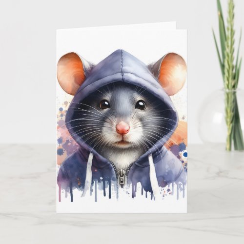 Watercolor Mouse in Dark Hoodie Splash Art Blank Card