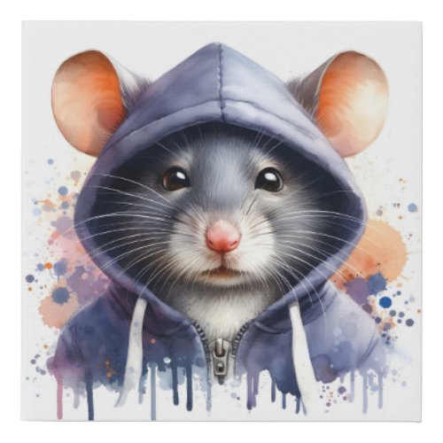 Watercolor Mouse in Dark Hoodie Splash Art  Faux Canvas Print