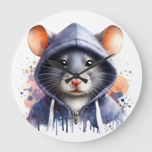Watercolor Mouse in Dark Hoodie Splash Art  Large Clock
