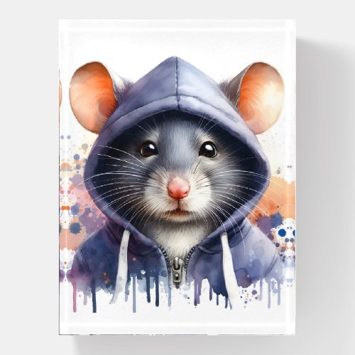 Watercolor Mouse in Dark Hoodie Splash Art  Paperweight