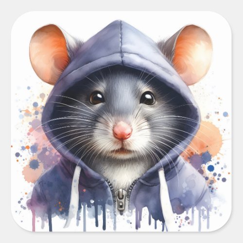Watercolor Mouse in Dark Hoodie Splash Art  Square Square Sticker