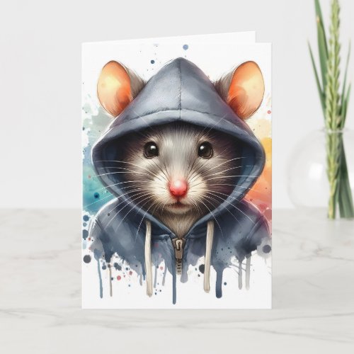 Watercolor Mouse in Gray Blue Hoodie Splash Art  Card