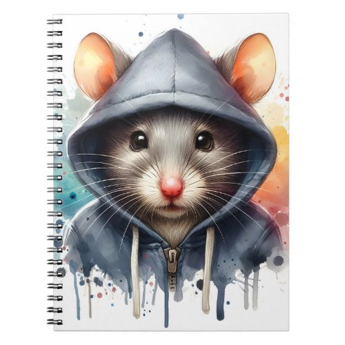Watercolor Mouse in Gray Blue Hoodie Splash Art  Notebook