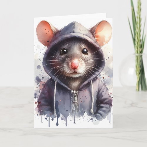 Watercolor Mouse in Gray Hoodie Splash Art Blank Card