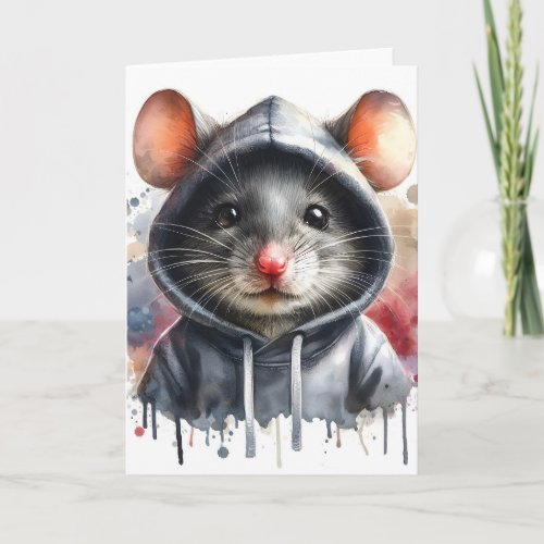 Watercolor Mouse in Gray Hoodie Splash Art  Card