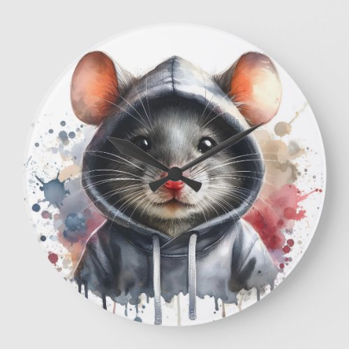 Watercolor Mouse in Gray Hoodie Splash Art  Large Clock