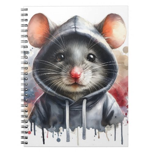Watercolor Mouse in Gray Hoodie Splash Art  Notebook