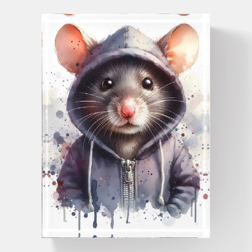 Watercolor Mouse in Gray Hoodie Splash Art  Paperweight