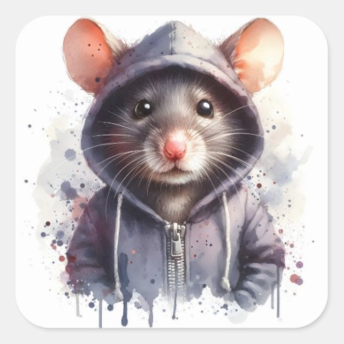 Watercolor Mouse in Gray Hoodie Splash Art  Square Square Sticker