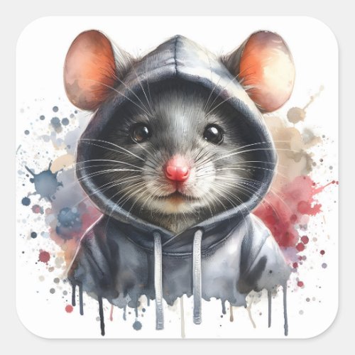 Watercolor Mouse in Gray Hoodie Splash Art  Square Sticker