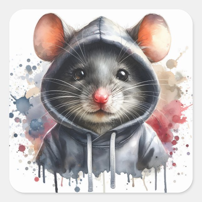 Watercolor Mouse in Gray Hoodie Splash Art  Square Sticker (Front)