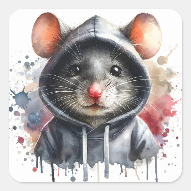 Splashed Mouse Watercolor Mouse in Gray Hoodie Splash Art Square Sticker | Zazzle