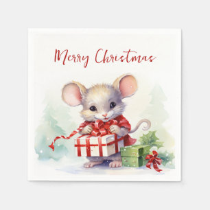 Watercolor Mouse With Christmas Gift Napkins