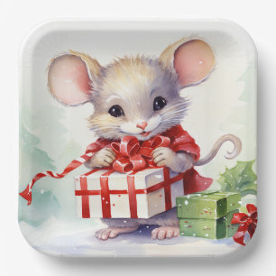 Watercolor Mouse With Christmas Gift Paper Plates