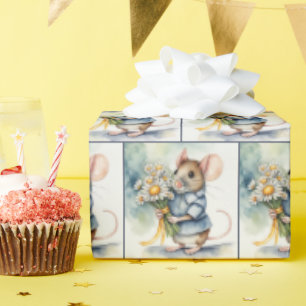 Watercolor Mouse With Daisy Bouquet Wrapping Paper