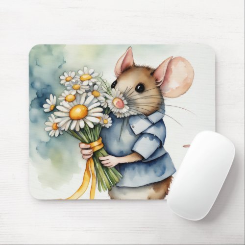 Watercolor Mouse With Daisy Bunch Mouse Pad