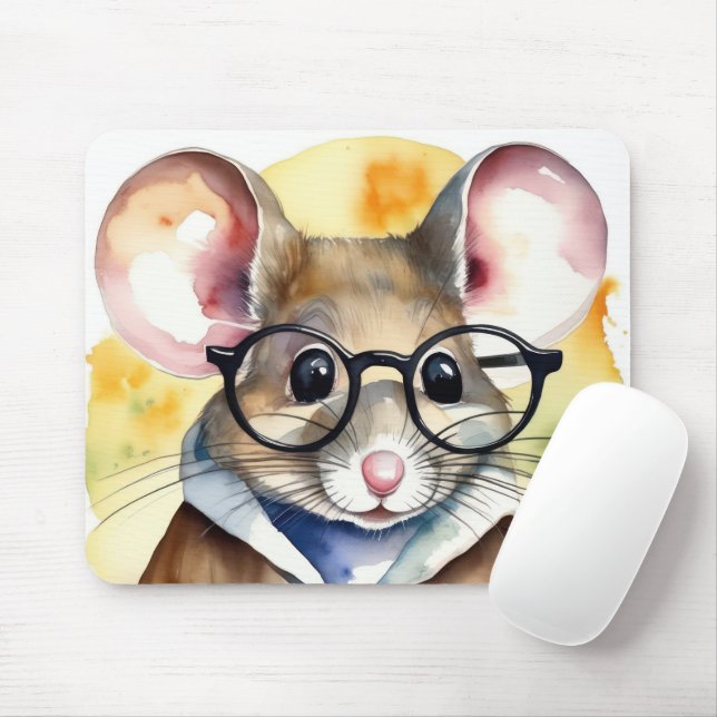 Watercolor Mouse With Eyeglasses Mouse Pad (With Mouse)