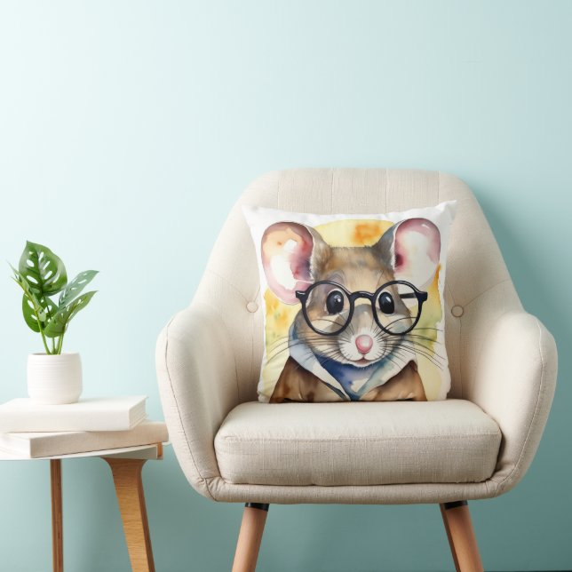 Watercolor Mouse With Eyeglasses Throw Pillow (Chair)