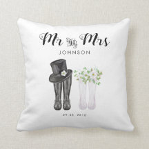Watercolor Mr & Mrs with top hat, flowers & boots