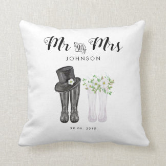 Watercolor Mr & Mrs with top hat, flowers & boots Throw Pillow