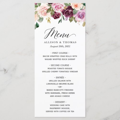 Watercolor Mulberry Purple Blush Floral Wedding Menu - Watercolor Mulberry Purple Blush Floral Wedding Menu Card. For further customization, please click the "customize further" link and use our design tool to modify this template. If you need help or matching items, please contact me.