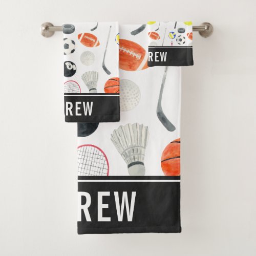 Watercolor Multi Sport Pattern Balls Kid Boy Name Bath Towel Set