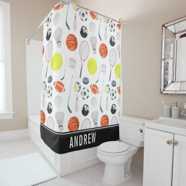 Watercolor Multi Sport Pattern Balls Kid Boy Name  Shower Curtain (In Situ)