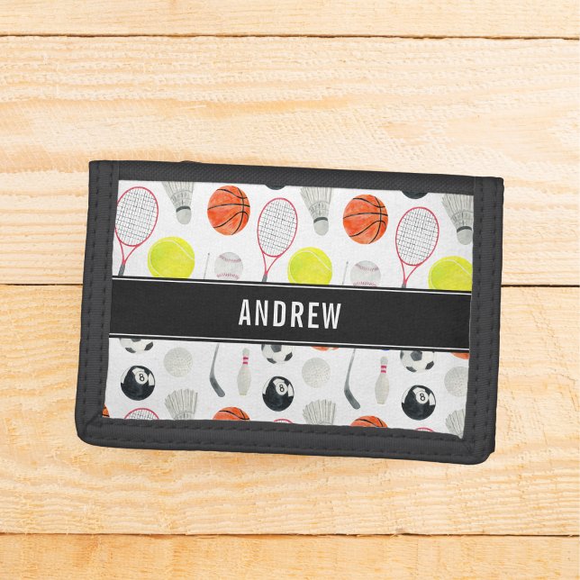Watercolor Multi Sport Pattern Balls Kid Boy Name  Trifold Wallet (Creator Uploaded)