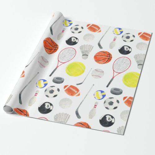 Watercolor Multi Sport Pattern Balls Rackets Golf  Wrapping Paper