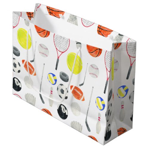 Watercolor Multi Sport Pattern Balls Soccer Tennis Large Gift Bag