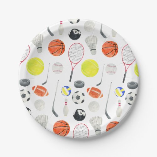 Watercolor Multi Sport Pattern Balls Soccer Tennis Paper Plates