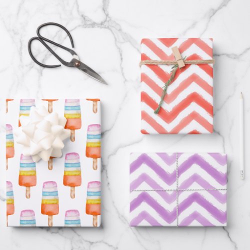 Watercolor Multicolor Popsicle Chevron Wrapping Paper Sheets