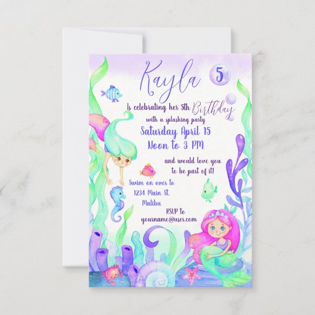 Watercolor murmaids girly birthday party custom invitation (Front)