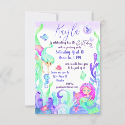 Watercolor murmaids girly birthday party custom invitation
