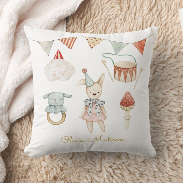 Watercolor Mushroom and Baby Toys Whimsical Throw Pillow (Creator Uploaded)