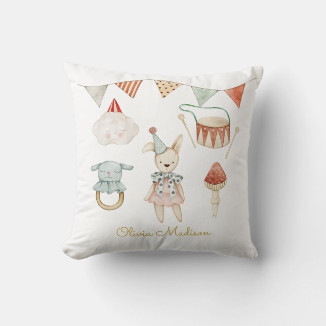 Watercolor Mushroom and Baby Toys Whimsical Throw Pillow (Front)