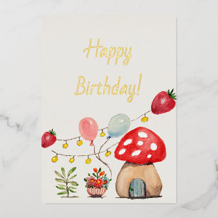 Watercolor Mushroom and Strawberries Cute Party Foil Invitation