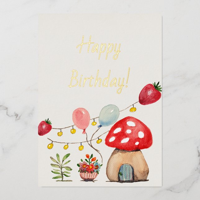 Watercolor Mushroom and Strawberries Cute Party Foil Invitation (Front)