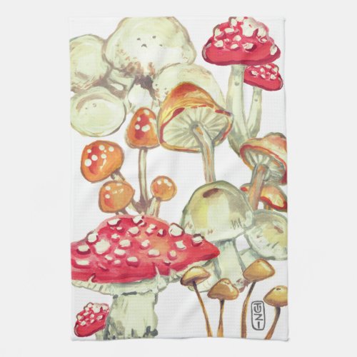 Watercolor Mushroom Botanical Nature White Red Tan Kitchen Towel