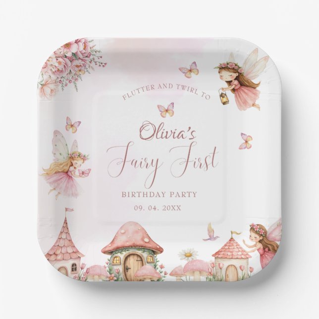 Watercolor Mushroom Fairy 1st Birthday Forest  Paper Plates (Front)
