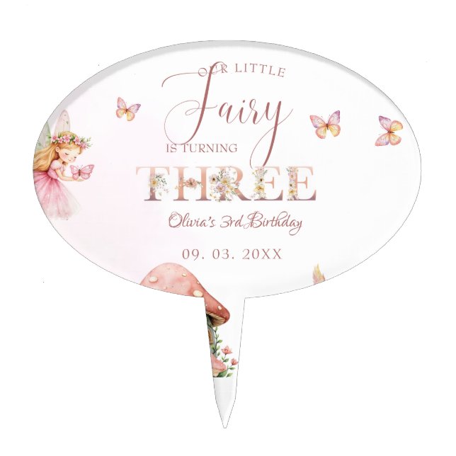 Watercolor Mushroom Fairy 3rd Birthday Forest  Cake Topper (Front)